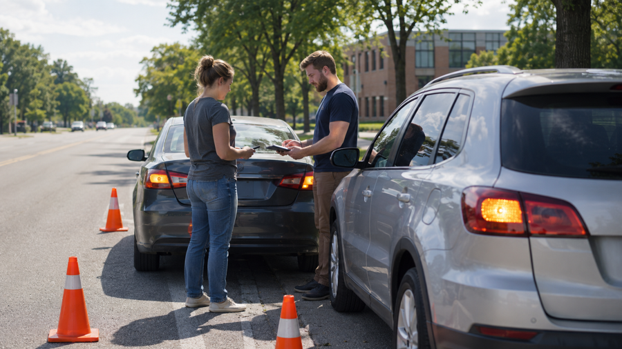Drivers calmly exchanging information after a minor car accident
