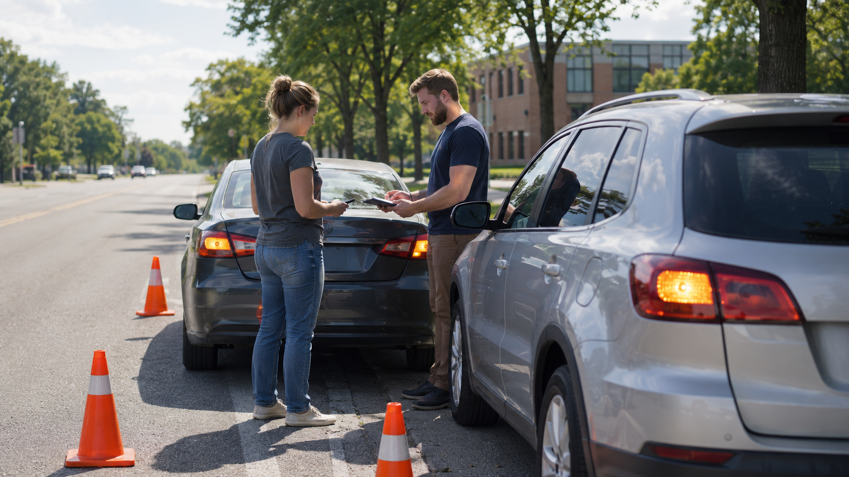 Drivers calmly exchanging information after a minor car accident