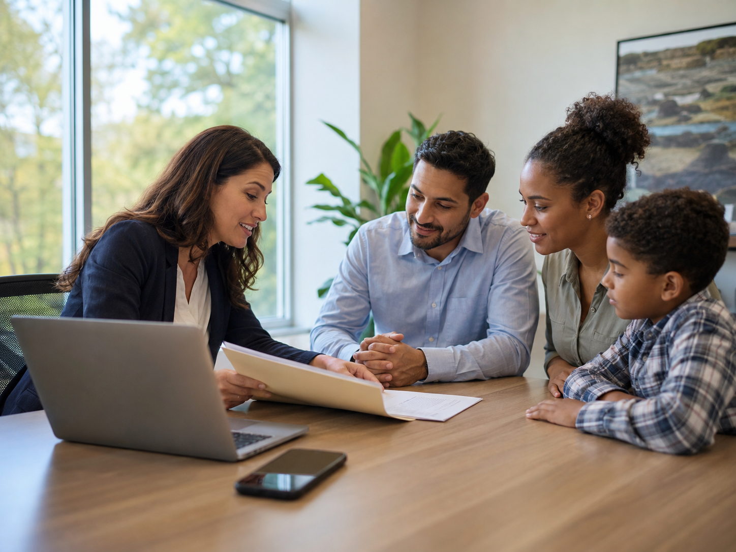 A family reviewing recovery documents with an advisor