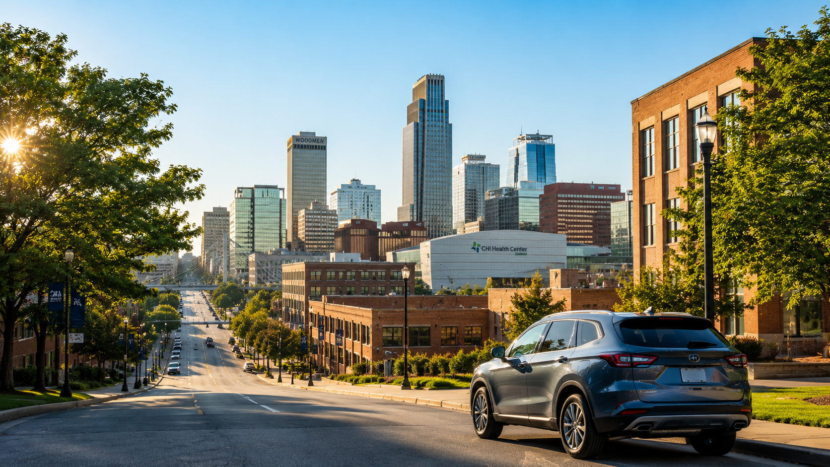 Omaha skyline with a vehicle on a city street