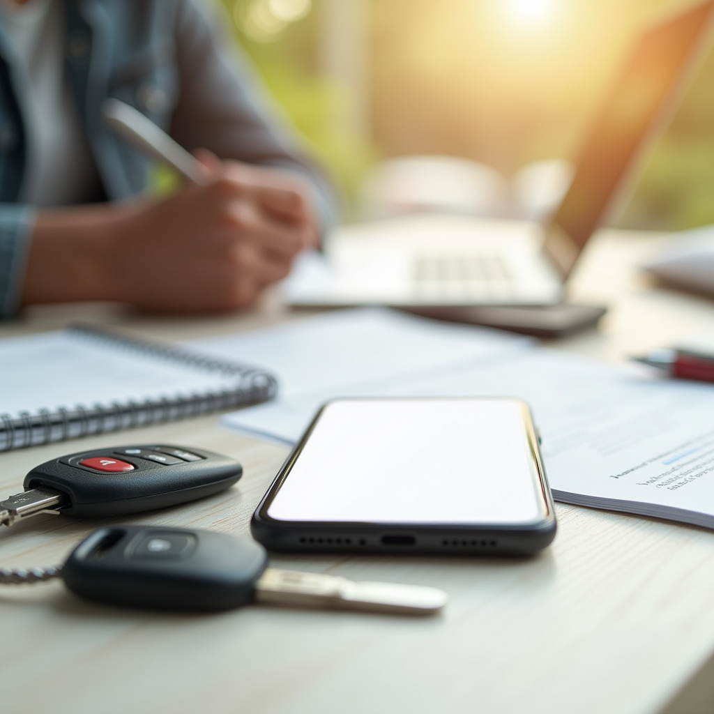 Phone, car keys, and documents on a table